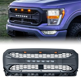 AMERICAN MODIFIED Front Grille Compatible with 2021-23 Ford F150, Replacement Mesh Grill with Off-Road Lights and w/o Camera Hole, Matte Black