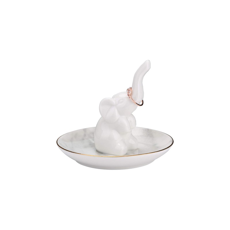 HOME SMILE White Elephant Ring Holder with Marble Pattern Dish
