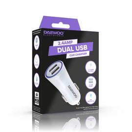 Daewoo Dual USB Car Charger with SMART IC Protection and 2.4 AMP Output, LED Indicator, Use with Compatible Adaptor