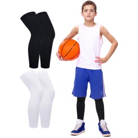 Roadbox Kids Long Leg Sleeve, 2 Pairs Non-Slip UV Protection Knee Compression Leg Sleeves, Thigh Calf Support for Youth Boys Girls Basketball Football Soccer Running Sport