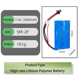 ERYNK 7.4V 2000mAh 18650 Rechargeable Li-ion Battery Pack with SM-2P Joint and USB Charging Cable for Double Sided RC Stunt Car Small RC Boat Tumbling Amphibious RC Car RC Truck RC SUV high Speed car