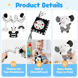 Black and White High Contrast Baby Toys for 0-6 Months Newborn,Car Seat Toys for Baby Boys or Girls,Baby Hanging Rattle Toys Soft Cloth Book for Crib Mobile Brain Development Infant Toys Baby Gifts