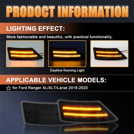 ZDEERAOTO LED Front Fender LED Side Marker Lights Kit for Ford Ranger Lariat XL XLT 2019 2020 2021 2022 2023,Smoked Lens Side Bumper Marker Lamps,2pcs (Yellow)