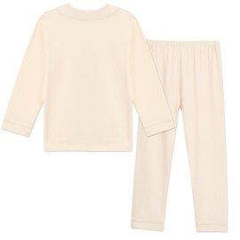 Aablexema Unisex Kids Pajamas Set Button-Down Long Sleeve Cotton Sleepwear Lounge Set(Beige,120/5-6y)