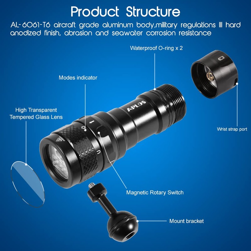APLOS AP70 Scuba Diving Flashlight, 6000 Lumen Dive Light, Waterproof
