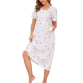 Vlazom Women's Long Nightgown Pleated Casual Nightdress Short Sleeve Soft Nighties Nightwear with Pockets,White Pattern,XXL