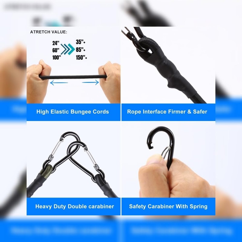 Carabiner Bungee Cords 2 ft Bungie Strap with Clips for