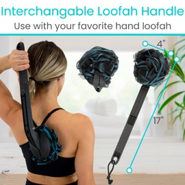 Vive Long Handled Loofah on a Stick - Mesh Back Sponge for Shower & Bath Reusable w/Extra Pouf - Exfoliating Scrubber Stick for Elderly & Disabled, Soft Loofa for Bathing Men & Women