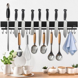 Dmore magnetic knife holder for wall—with 15 hooks, No Drilling 23 Inch black knife magnetic strip, Extra Strong Magnet knife rack, include Adhesive Tape and screws for Knives and Tools