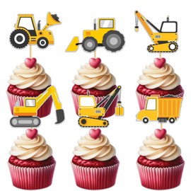 Vehicles Glitter Cupcake Topper for Engineering Construction Theme Party Favors Decorations Men Women Kids Happy Birthday Party Decor Supplies set 18pcs