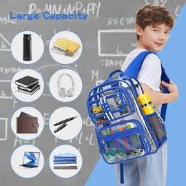 Cusangel Clear Large Backpack for School,16in Heavy Duty Clear BookBag,TPU Large Capacity See Through Backpack for Stadiums,Concerts,Plastic transparente para mujer for 8Age+ Boys Girls(blue)