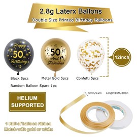 Yiran Black Gold 50th Birthday Balloons Pack of 15 Men Women Happy 50th Birthday Party Deocorations Supplies Men Women Happy 50th Birthday Ballloons Latex Confetti Balloons 12inch & Ribbon