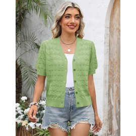 IECCP Cardigan for Women Lightweight Puff Short Sleeve Crochet Shrugs for Dresses Open Front V Neck Button Down Top Sweaters (Green,L)