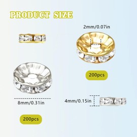 400PCS Rondelle Beads, 8mm Silver Rhinestone Bead for Beaded Pens & Jewelry Makings Necklace Earrings Jewelry Making Supplies, Bead Spacers with Hole, Crystal Charm Beads, DIY Craft Supplies, Bracelets(Gold,Silver)