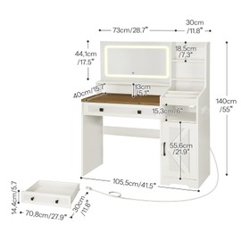 HOOBRO White Vanity Desk with Mirror and Lights, Farmhouse Vanity Makeup Desk with Charging Station, 41.5" Makeup Vanity Desk with Lighted Mirror, Power Outlet