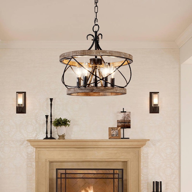 16“ Farmhouse Chandelier Light Fixture, 5-Light French Country Wood Chandelier