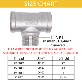 S SYDIEN Tee Pipe Fittings, 304 Stainless Steel Tee 1" Female x 1" Male x 1" Female NPT Thread T Shaped 3 Way Cast Pipe Fitting, Male Branch Tees, 1 Pack