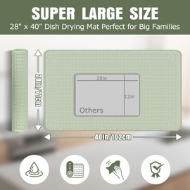 Kalolary Extra Large Silicone Dish Drying Mat, 40" x 28" Drying Drainer Pad for Kitchen Counter, Silicone Under Sink Mat with Raise Edge,Waterproof Pet Feeding Mat Bar Mat Non-Slip (Green)
