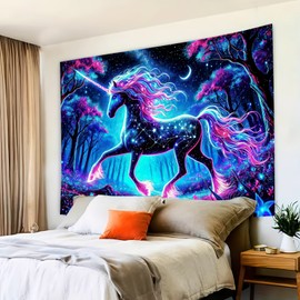 BlissYard Blacklight Unicorn Tapestry UV Reactive Forest Landscape Tapestries Wall Hanging Decor Neon Wolf Wall Tapestry Mysterious Poster Blanket Tapestry for Room Bedroom Dorm Party