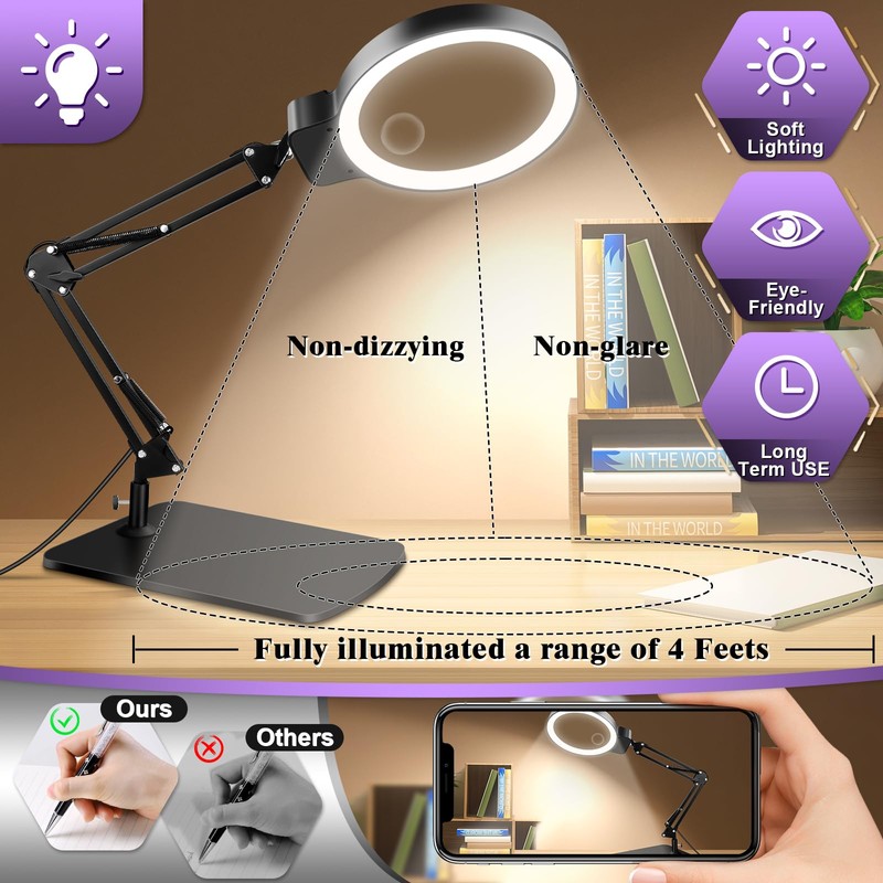 10X 30X Large Magnifying Glass with Light and Stand, 5-inch