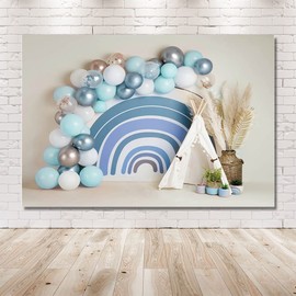 Bohemian Rainbow Theme Photography Background for Boys Birthday Party Decoration Banner Blue Balloons Boho Style Tent Photo Studio