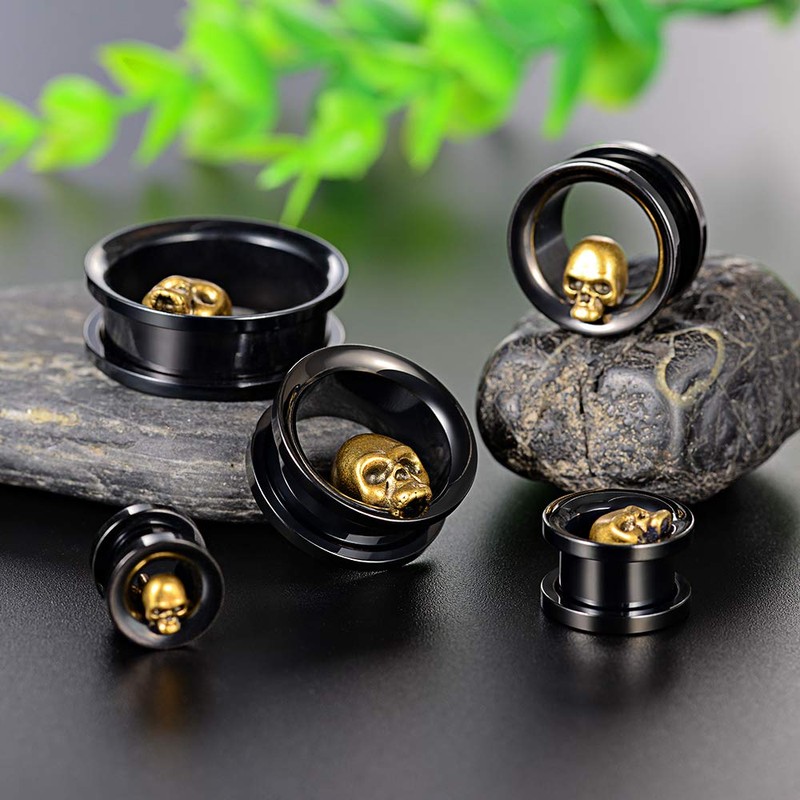 COOEAR 1 Pair Ear Gauges Piercing Black Ear Tunnels Skull