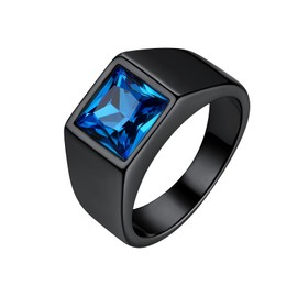 Bestyle Black Men Signet Ring-8mm*8mm Blue Topaz Sapphire Gemstone Ring Cubic Zirconia Ring for Men-Chunky Black Metal Plated Stainless Steel Ring Cool Band Finger Ring, Size 8