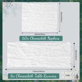 60PCS Ivory White Cheesecloth Napkins and 6PCS Table Runners Set, 19.69x19.69inch Rustic Wedding Napkins and 35x118inch Gauze Table Runner for Wedding Party Boho Table Decor