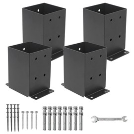 Nrspp 4x4 Post Base 4 Pcs,（Inner Size3.5"x3.5"） Wood Fence Pergola Post Bracket, Black Powder Coated Post Anchor,Deck Post Base Support Base Plate Pergola Brackets Fence Kit…