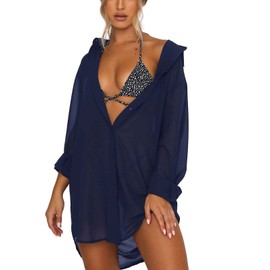 Traje de baño para mujer con cuello en V y botones, Azul marino, M