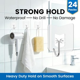Clear Self-Adhesive Wall Hooks, No-Drill Transparent Hooks, 24 Pack