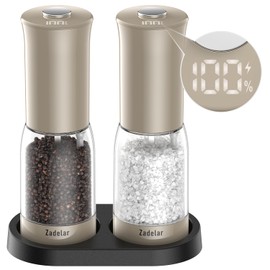 Electric Salt and Pepper Grinder Set with LED Power Display,Larger Capacity Salt and Pepper Shakers Set Rechargeable Electric with Flexible Coarsenes,LED Light,One Hand Operation for Kitchen(Khaki)