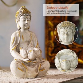 Goodeco Meditation Small Buddha Statue Figurine -Buddha with LED Tea Lights Candle Holder,Gift idea,Zen Home Decor Meditation Accessories,White Gold Look 8"