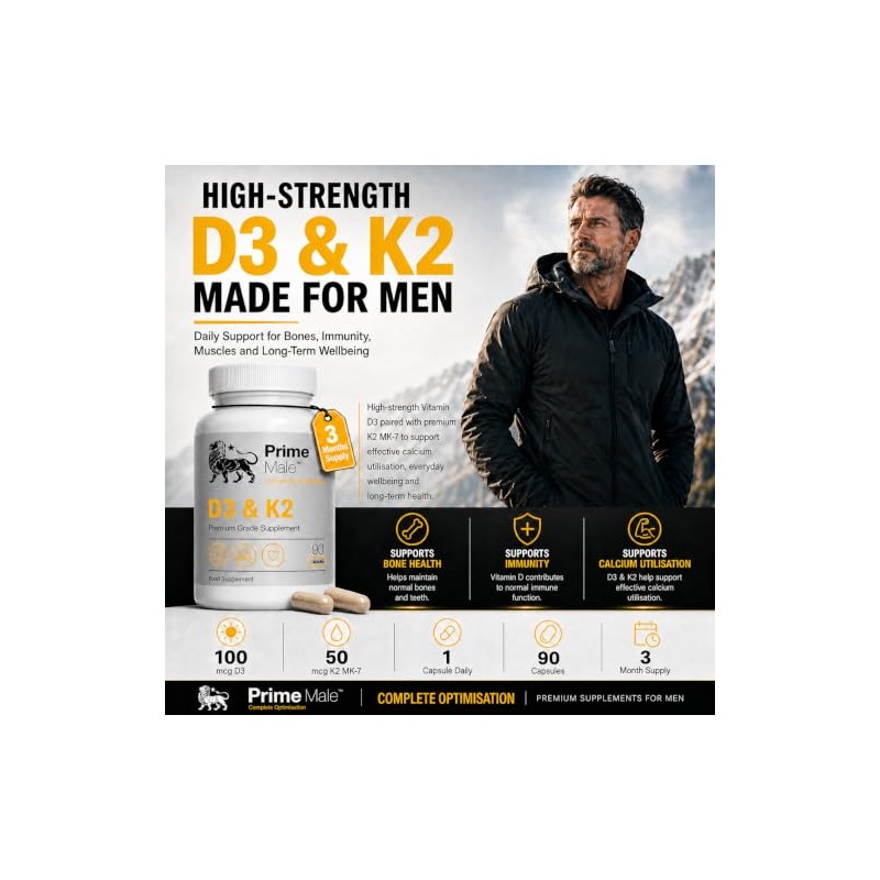 Vitamin D3 & K2 MK-7 for Men – 90 Capsules