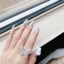 Glue-On Nails, Handmade Press On Nails, Long Gel Nails, Luxury Reusable Mist Blue Artificial Nails with Little Angel for Girls and Women, Everyday and Party Use, Set of 10