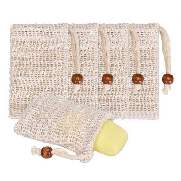 Vtrem 5 PCs Soap Bag Exfoliating Soft Natural Sisal Soap Saver Bags Hand Made Mesh Soap Saver Pouch with Drawstring for Bath & Shower Use