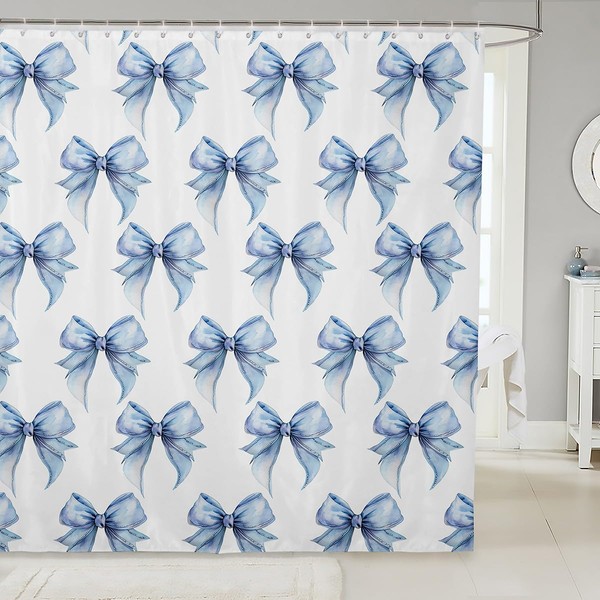 jejeloiu Girl Blue Bowknot 72"x72" Shower Curtain Watercolor Ribbon Bow