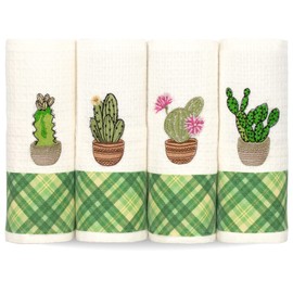 Lavien Home, Küchentücher mit Kaktus Bestickt, dekorative Sukkulenten Blumen, niedliche Geschirrtücher, türkische Baumwolle, Waffelgewebe, 40,6 x 61 cm, 4 Stück