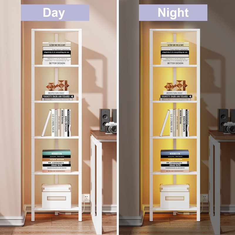 TUTOTAK 6-Tier Corner Bookshelf with LED Light,Corner Shelf for Small