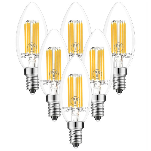 ZYYRSS Chandelier Bulb, E12 Base, 60W Equivalent, Bulb Color, LED Bulb, 6W LED Filament Bulb, 2700K, 720lm, Clear, Candlestick, Retro Bulb, High Color Rendering Type, Non-Dimmer, PSE Certified, Pack of 6 (E12 Base, Bulb Color)