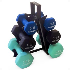 HolaHatha Neoprene Dumbbell Weights Set & Rack for Home Workout, 60 Lbs, Blue/Green/Black