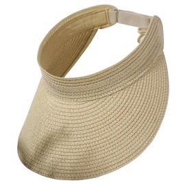 Sun Visor Hats for Women Foldable Straw Visor Hat Wide Brim Summer Beach Cap Roll Up Packable Ponytail Hats (Beige)