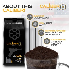 Caliber Coffee .22 Cal Whole Bean Light Roast – Balanced, Fruity, Caramel Flavors – 100% Artisan Roasted Arabica Coffee – Small-Batch, Hand-Crafted – Veteran Owned – 12oz Bag