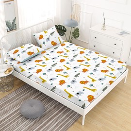 Yasida Lion Queen Fitted Sheet Cartoon Giraffe Sheets for Children Bed Sheets Set Elephant Bedding Sheet Soft Microfiber 3 Piece (1 Fitted Sheet and 2 Pillowcase) Bedding Decor Set Queen Size