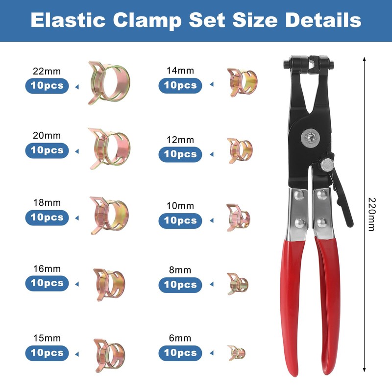 OCR 100 Pack 6-22mm 10Size Fuel line Spring Clamp Silicone