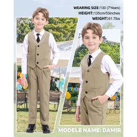 LOLANTA Little Boys Formal Suits 4PCS Khaki Dress Outfits White Dress Shirts, Waistcoat, Pants, Tie (Khaki, 5T)