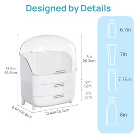 Vtopmart 3-Tier Skincare Makeup Organizer with Drawers and Lid for Vanity and Bathroom Countertop, Large Cosmetic Storage Box Case for Dresser, with Non-Slip Base