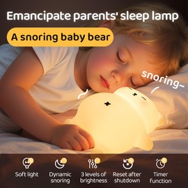 Sleeping Snoring Bear Night Light Nursery lamp for Kids,3-Level Dimmable,30Min Auto-Off Timer,Rechargeable Type-C, BPA-Free & Food-Grade Silicone for Kid Room Bedroom Decor Kids Gift
