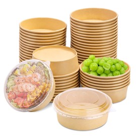 BALDCC 17 oz 50 Pcs Paper Bowls with Lids, Disposable Bowls with Lid, Round Kraft Paper Bowls with Lid, Paper Food Containers with Lids for Salad, Soup, Snacks, Desserts