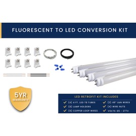 Orilis 4 Light Fluorescent to LED Retrofit Conversion Upgrade Kit - (8) Non Shunted Lamp Holders, (4) 4 Ft 24W 5000K LED T8 Tubes, (2) Connectors, (4) Wire Nuts, Solid Copper Wires